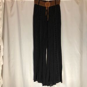 Relaxed Black Boho Pants w/ Brown Elastic Waist Size L